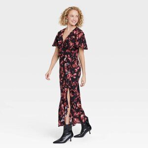 Women's Ruffle Flounce Short Sleeve Maxi Dress - A New Day™ Black/Red Floral M